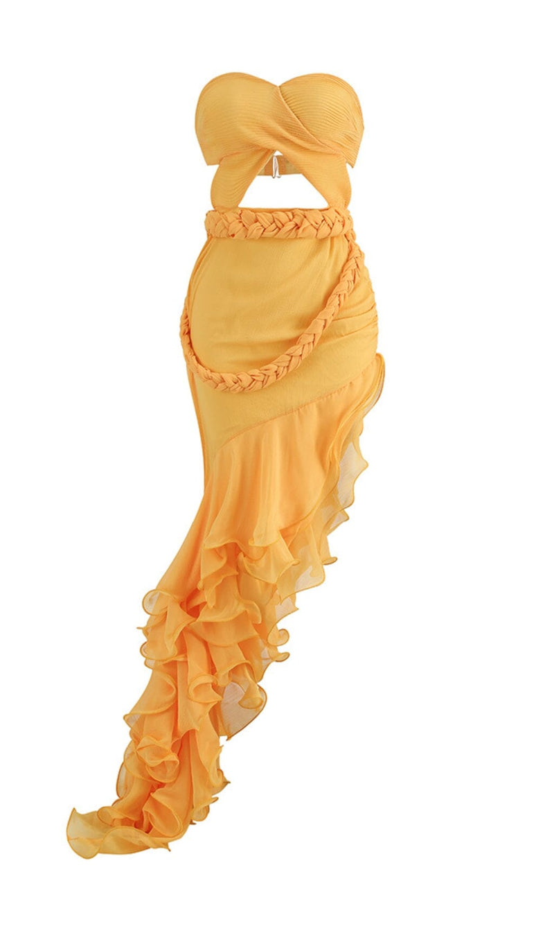 RUFFLE THIGH SLIT MAXI DRESS IN LIGHT ORANGE DRESS STYLE OF CB 