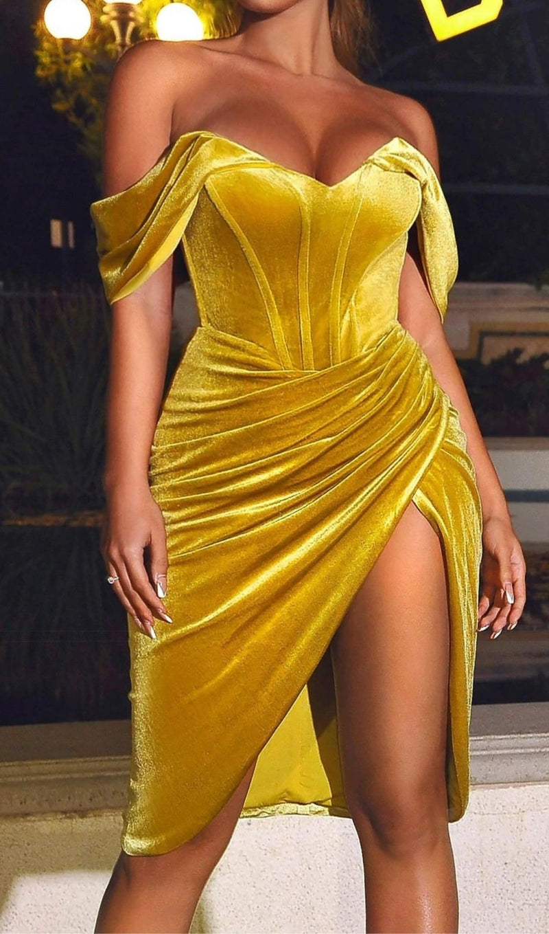 VELVET OFF SHOULDER CORSET DRESS IN GOLD Dresses styleofcb 
