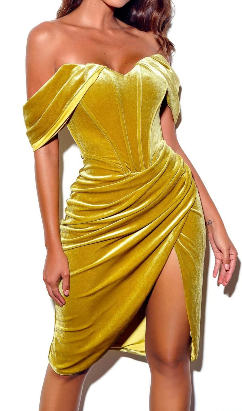 VELVET OFF SHOULDER CORSET DRESS IN GOLD Dresses styleofcb 