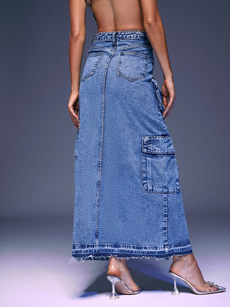 POCKET SPLIT DENIM SKIRT IN BLUE Skirts Oh CICI 