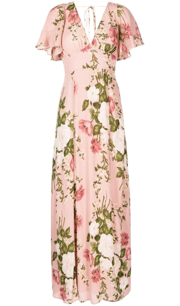 FLORAL-PRINT V NECK MAXI DRESS IN PINK DRESS STYLE OF CB 