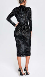 ZEBRA-PATTERN LONG-SLEEVED MIDI DRESS IN BLACK styleofcb 