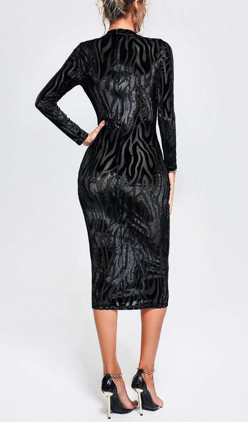 ZEBRA-PATTERN LONG-SLEEVED MIDI DRESS IN BLACK styleofcb 