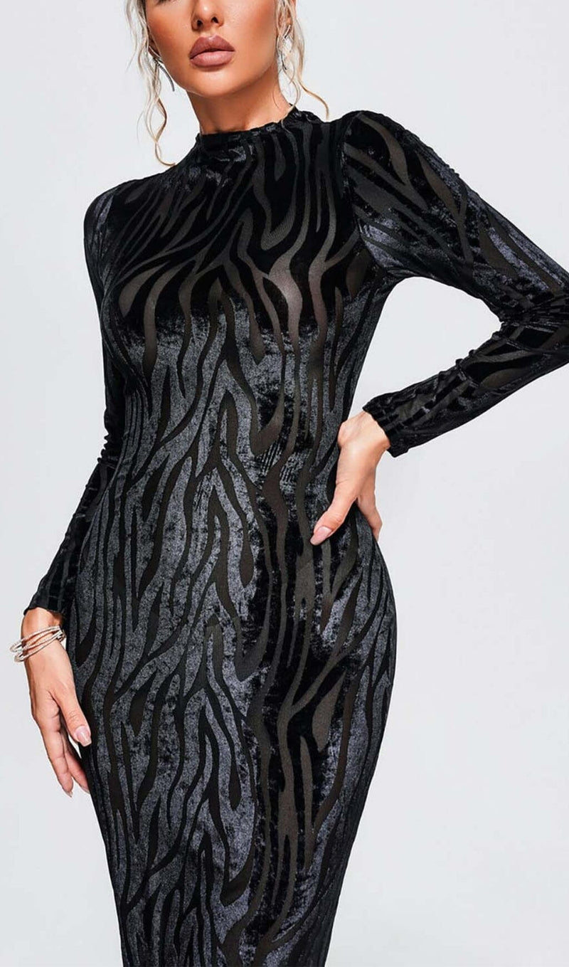 ZEBRA-PATTERN LONG-SLEEVED MIDI DRESS IN BLACK styleofcb 