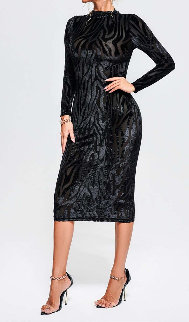 ZEBRA-PATTERN LONG-SLEEVED MIDI DRESS IN BLACK styleofcb 