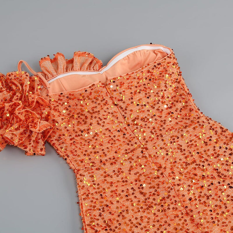 ASYMMETRIC SEQUIN MAXI DRESS IN ORANGE DRESS sis label 