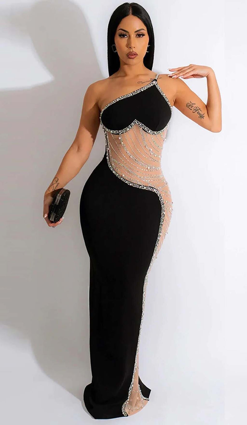 ASYMMETRIC CRYSTAL HEART MIDI DRESS IN BLACK DRESS STYLE OF CB 