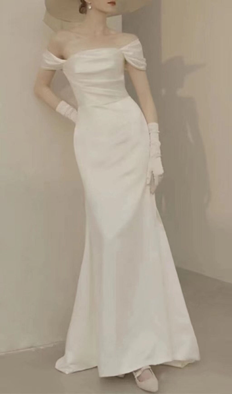 ONE-LINE SHOULDER AND WAISTED FISHTAIL DRESS IN WHITE styleofcb 