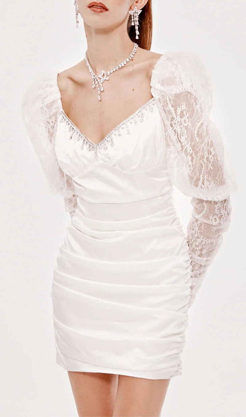 PLEATED DRESS WITH LACE PUFFED SLEEVES IN WHITE styleofcb 
