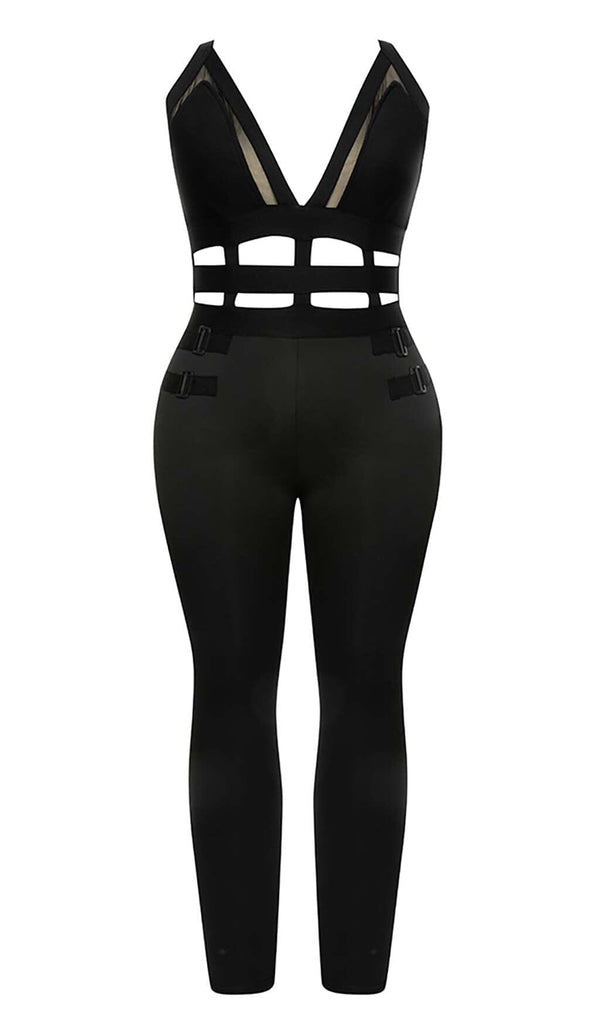 CUT OUT DETAILED ZIPPER BACK JUMPSUIT IN BLACK DRESS STYLE OF CB 