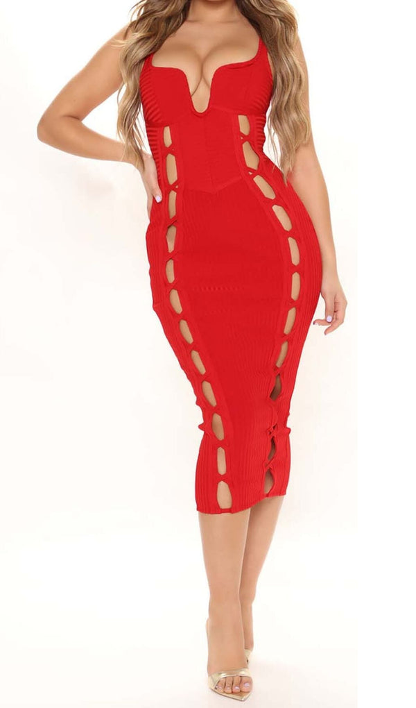 CUT OUT FAUX LACE UP MIDI DRESS DRESS STYLE OF CB 