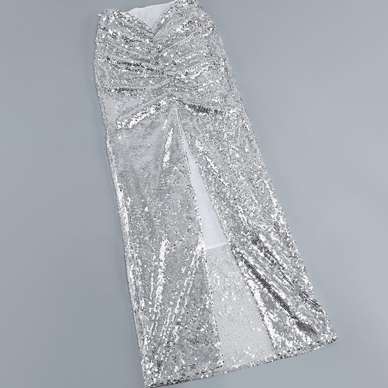 SEQUIN SLIT TWO-PIECE SUIT IN METALLIC SILVER DRESS STYLE OF CB 