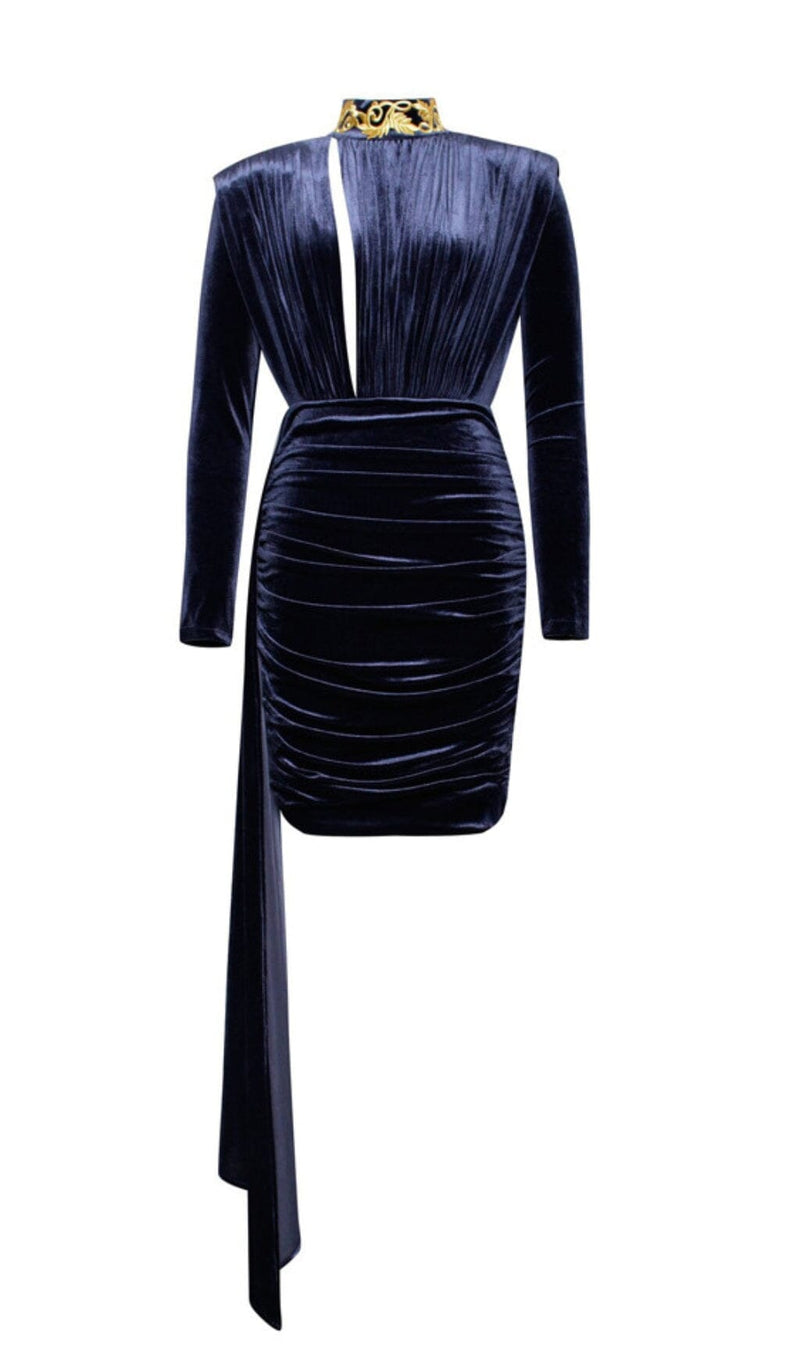 Gracyn Blue Cutout Long Sleeve Draping Velvet Dress Dresses styleofcb 
