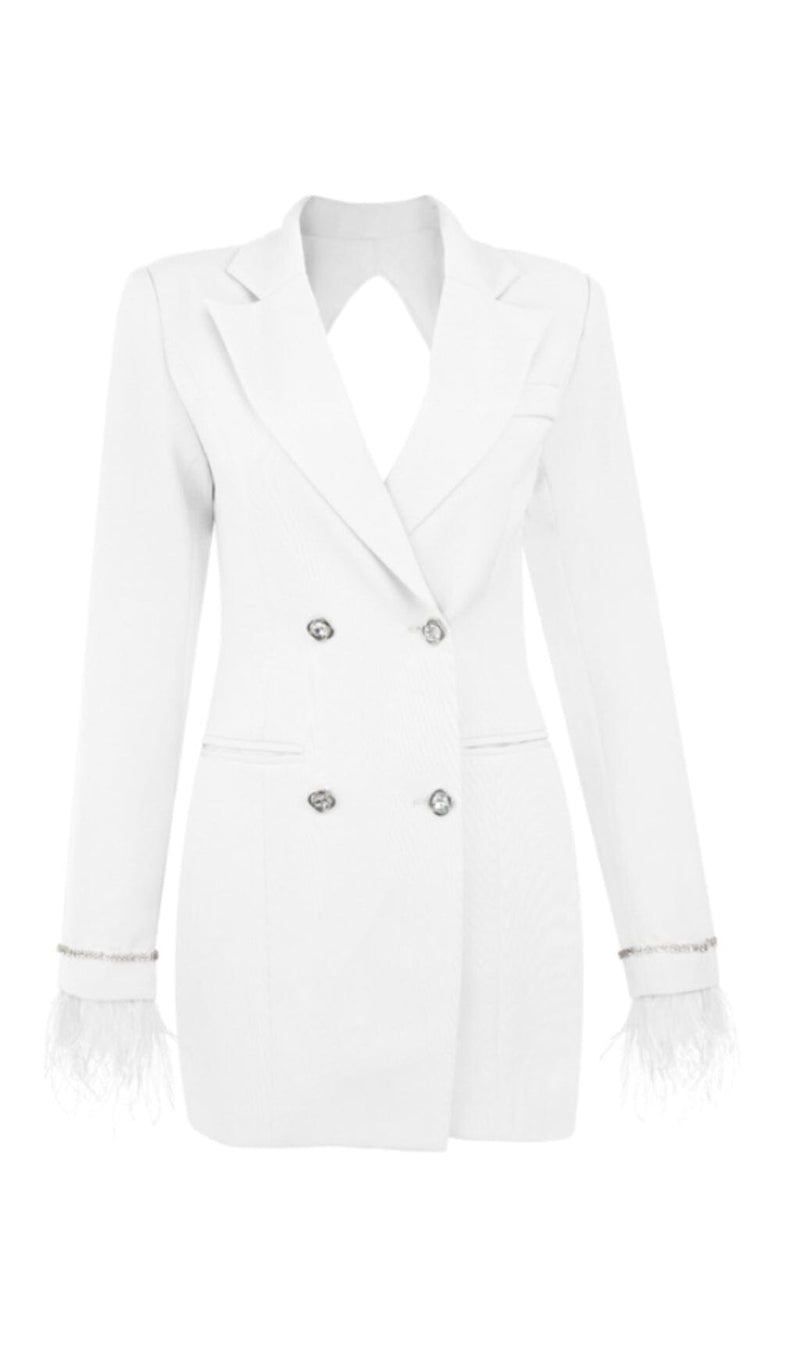 QUILLA WHITE FEATHER CRYSTAL SLEEVE BACKLESS BLAZER DRESS styleofcb 