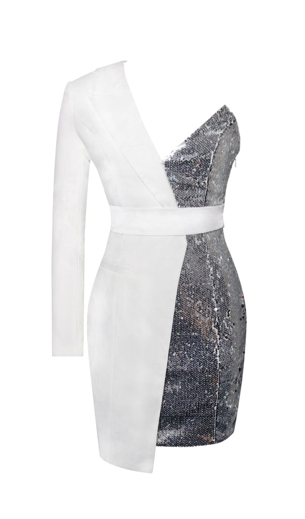 Silver White One Sleeved Sequin Crepe Tuxedo Blazer Dress Dresses styleofcb 