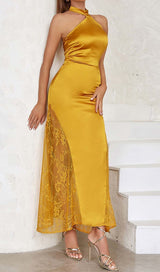 HALTER LACE SATIN MAXI DRESS IN MUSTARD DRESS STYLE OF CB 