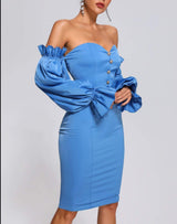 Blue Off Shoulder Satin Midi Dress Dresses styleofcb 
