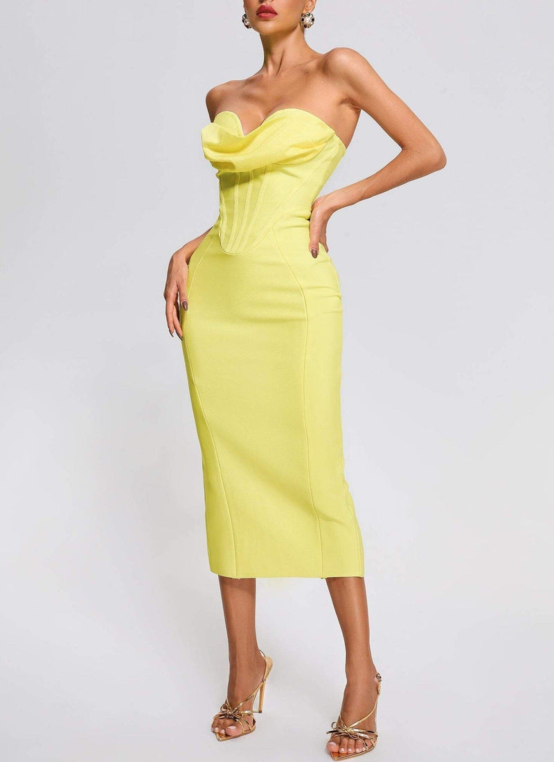 Yellow Strapless Bandage Midi Dress Dresses styleofcb 