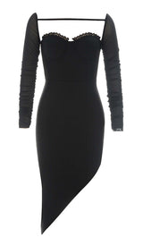 MESH ASYMMETRICAL MIDI DRESS IN BLACK DRESS STYLE OF CB 