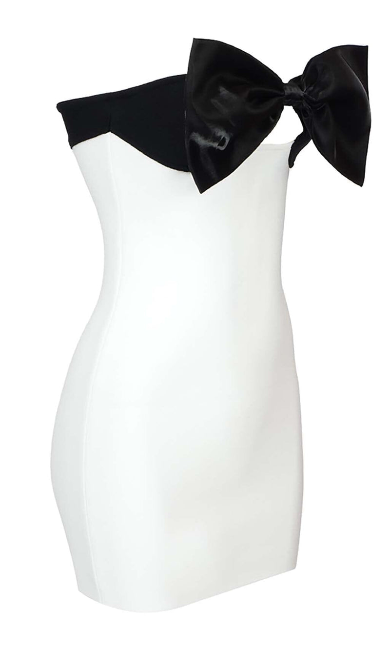 OFF-THE-SHOULDER BOW MINI DRESS IN WHITE DRESS STYLE OF CB 