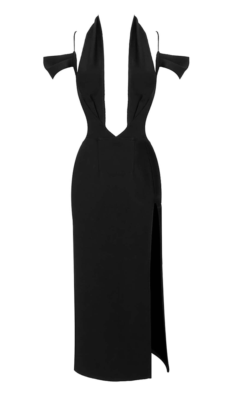 OFF THE SHOULDER HALTER MIDI DRESS IN BLACK DRESS STYLE OF CB 