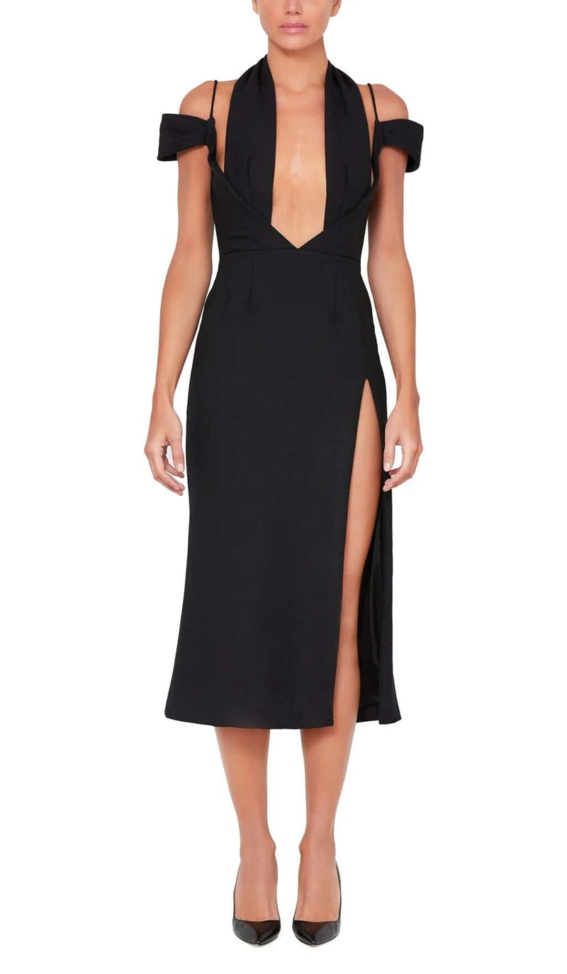 OFF THE SHOULDER HALTER MIDI DRESS IN BLACK DRESS STYLE OF CB 