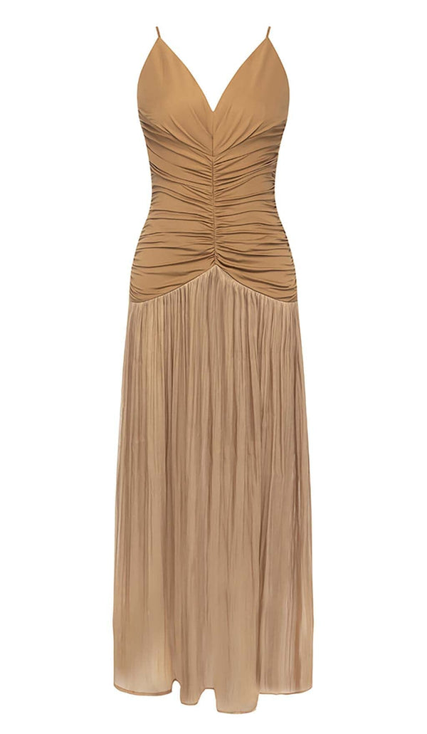 PLEATED STRAPPY MIDI DRESS IN BROWN DRESS STYLE OF CB 