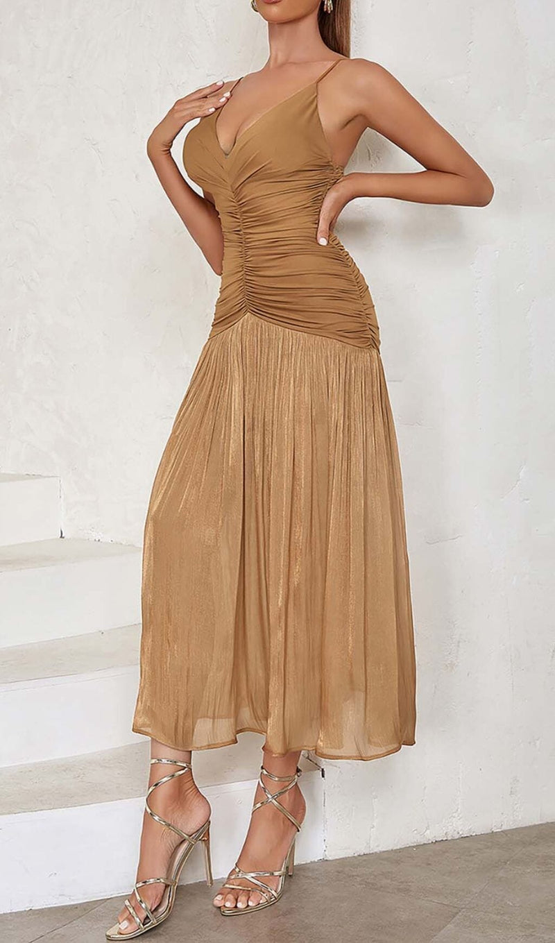 PLEATED STRAPPY MIDI DRESS IN BROWN DRESS STYLE OF CB 