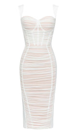 RUCHED BUSTIER MESH MIDI DRESS IN WHITE DRESS STYLE OF CB 