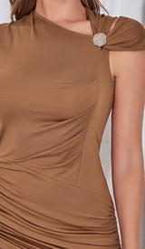 RUCHED SATIN MIDI DRESS IN BROWN DRESS STYLE OF CB 