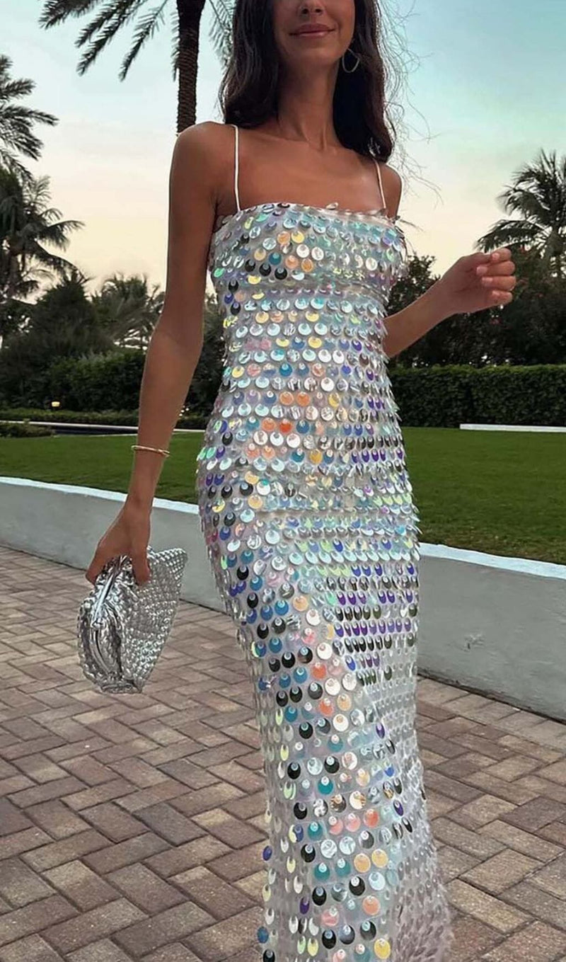 SEQUIN-EMBELLISHED SLEEVELESS MIDI DRESS IN BLUE DRESS STYLE OF CB 