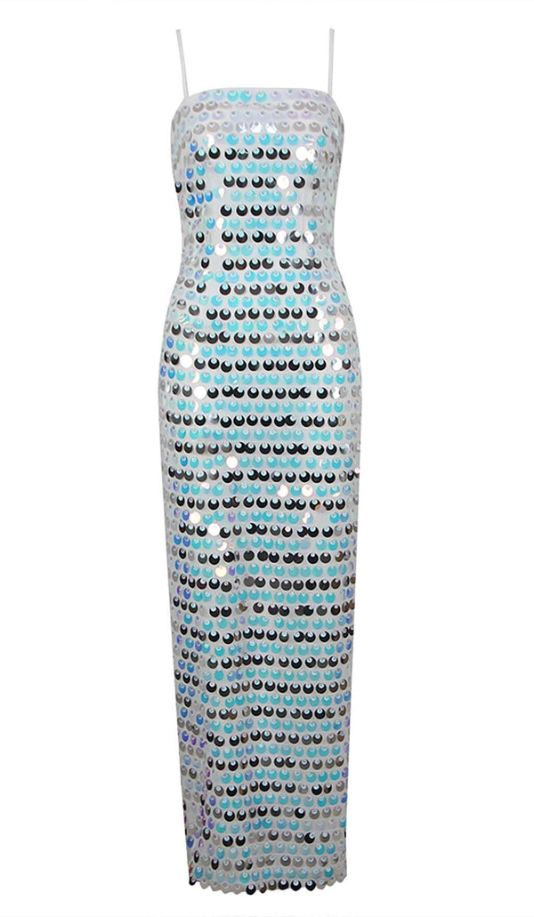 SEQUIN-EMBELLISHED SLEEVELESS MIDI DRESS IN BLUE DRESS STYLE OF CB 