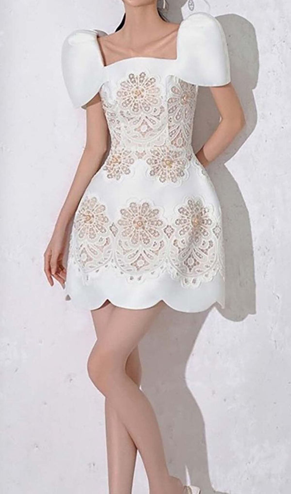 SQUARE COLLAR EMBROIDERED LACE MINI DRESS IN WHITE DRESS STYLE OF CB 