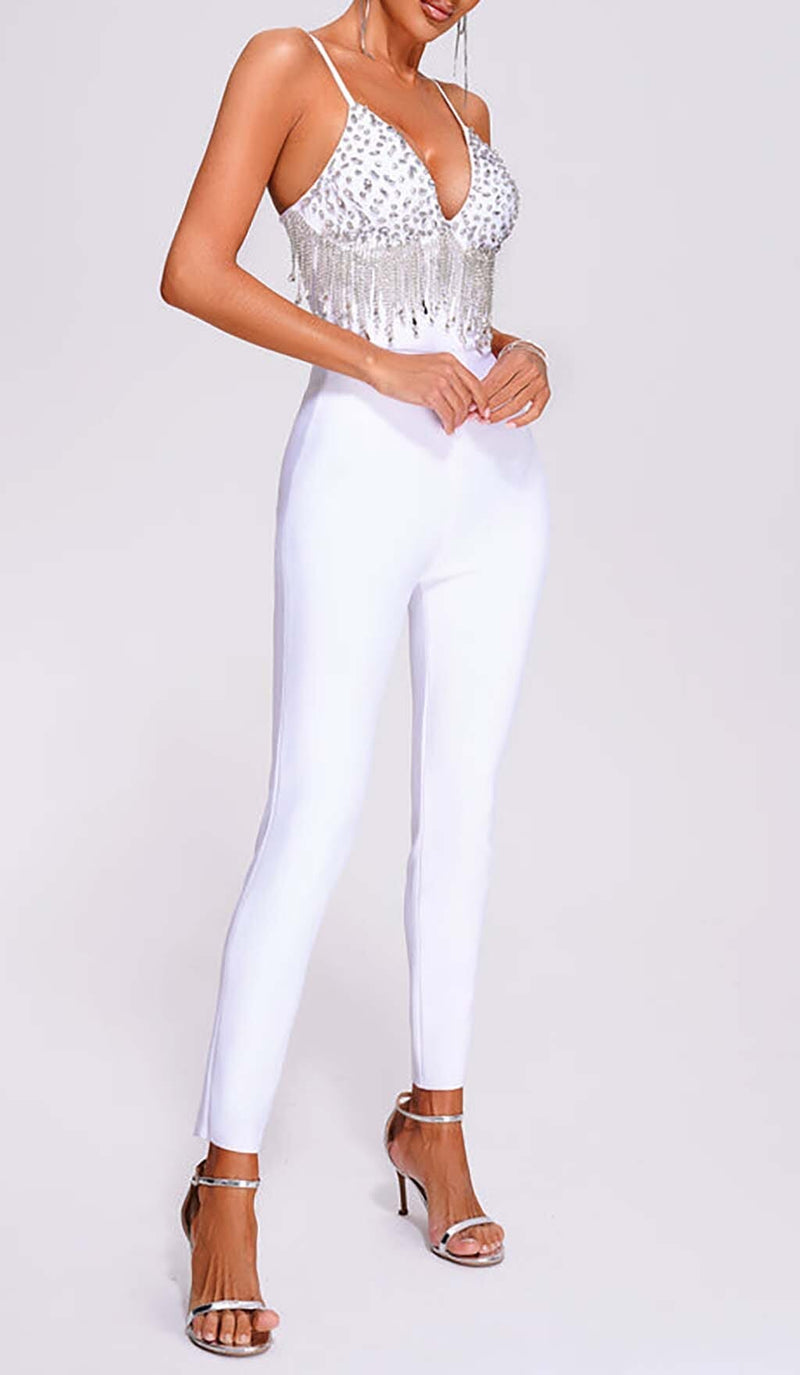 TASSEL CRYSTAL-EMBELLISHED JUMPSUIT IN WHITE DRESS STYLE OF CB 