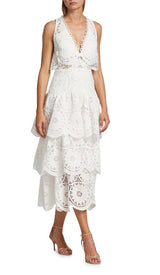 TIERED EYELET LACE MIDI DRESS IN WHITE DRESS STYLE OF CB 