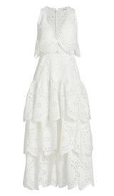 TIERED EYELET LACE MIDI DRESS IN WHITE DRESS STYLE OF CB 